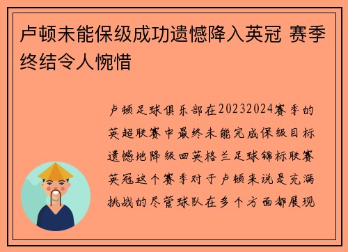 卢顿未能保级成功遗憾降入英冠 赛季终结令人惋惜
