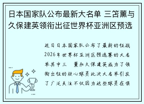 日本国家队公布最新大名单 三笘薰与久保建英领衔出征世界杯亚洲区预选赛